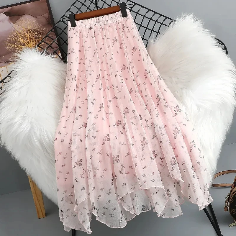 

2024 New ,Summer Mesh Floral Skirt,For Women's Clothing,Spring Summer Skirts,Sweet print A-line Irregular Gauze Chiffon Skirts