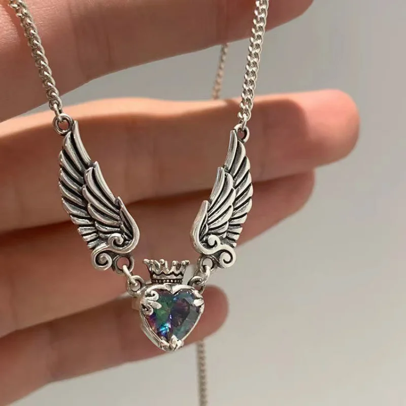 Vintage Punk Crown Angel Wings Pendant Heart Necklaces for Women Fashion Personality Zircon Crystal Chain Choker Goth Jewelry