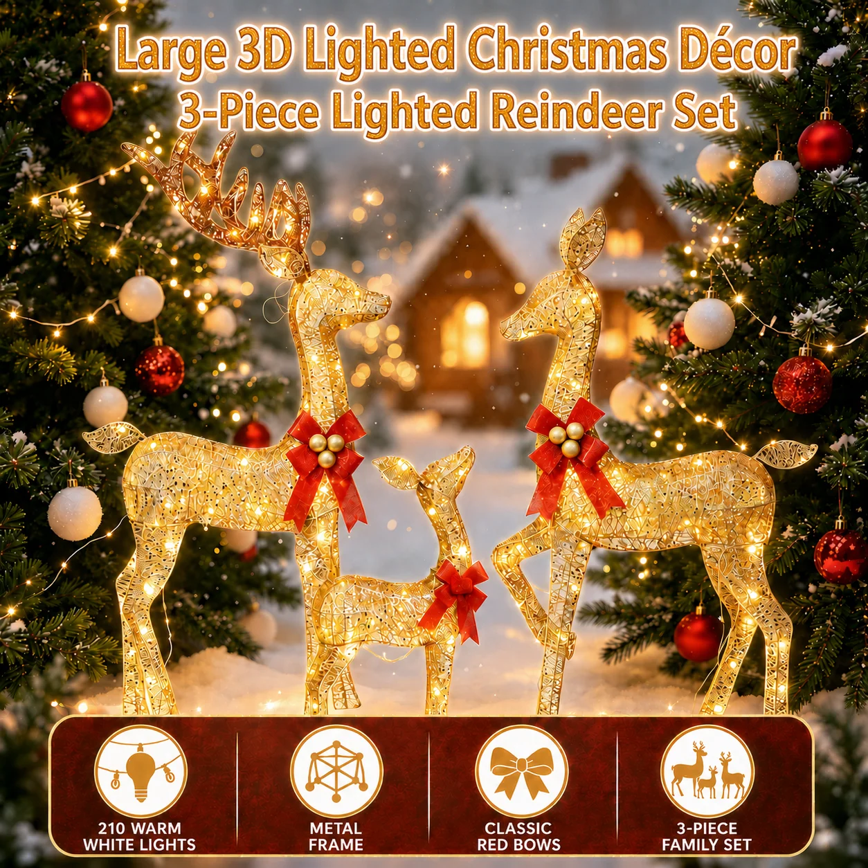 Giant 3D Lighted Reindeer Family Set (210 LEDs), 137/119/73cm Large Christmas Yard Decor, Holiday string lights, Show-Stopping Outdoor Lawn Ornament for Holiday Home Garden Patio Display, Lighted Holiday Displays