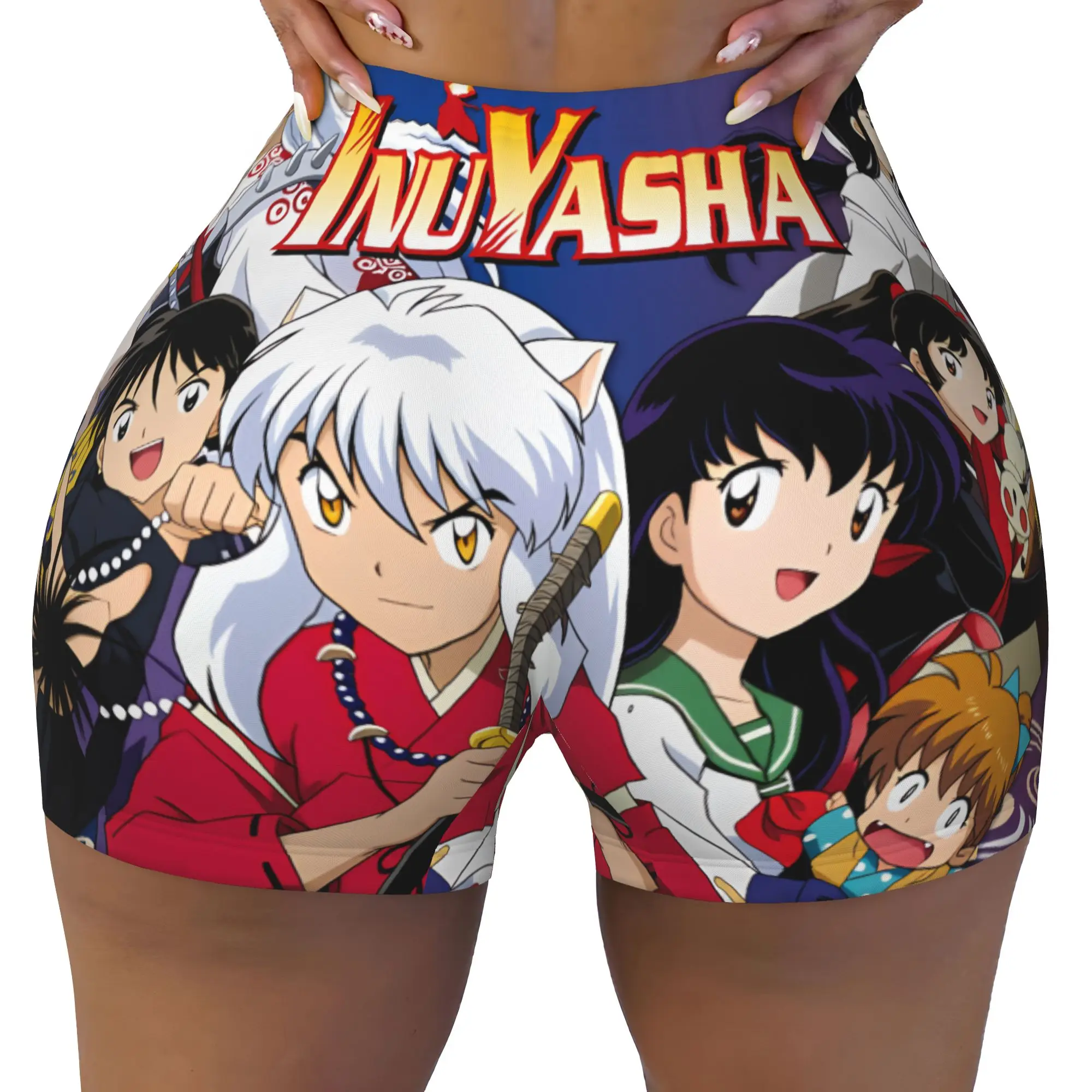 Pantalones Cortos Deportivos de Yoga y Entrenamiento para Mujer con Diseños de Inuyasha, Miroku, Sango, Shippo, Kirara, Kagome, Higurashi, Sesshoumaru y Kikyo
