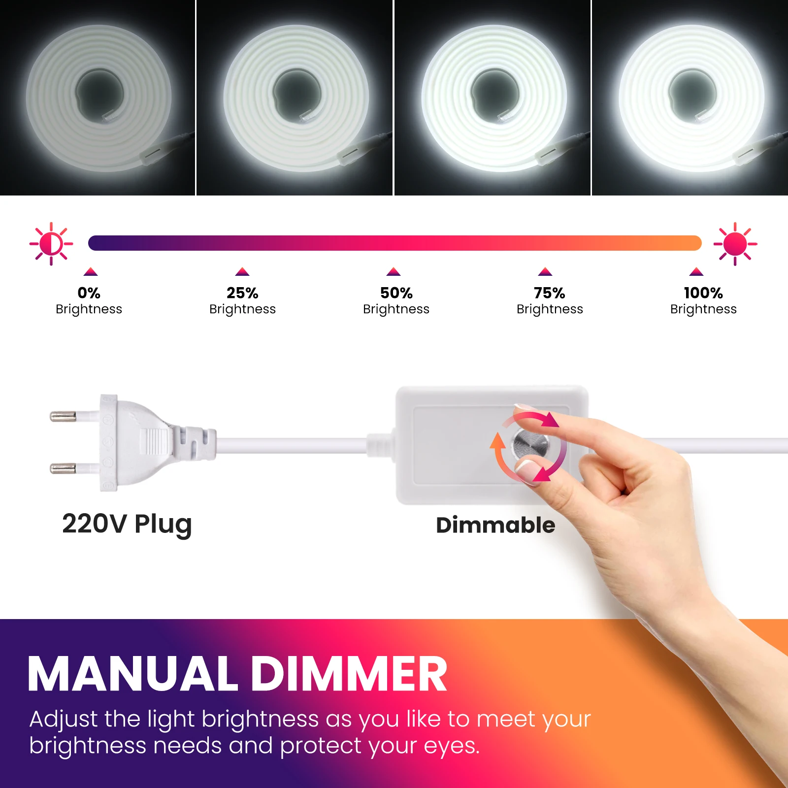 COB LED 스트립 220V 방수 고휘도 288LED/m LED 스트립 (스위치/디머 및 플러그 포함) 가정 정원 장식용 플렉시블 테이프
