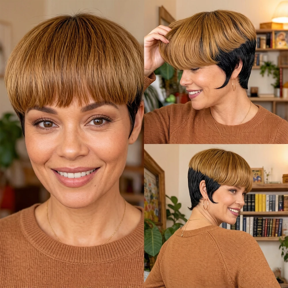 

Короткий парик-пикси из 100% натуральных волос, прямой парик с челкой, естественный вид, для женщин, для повседневного использования