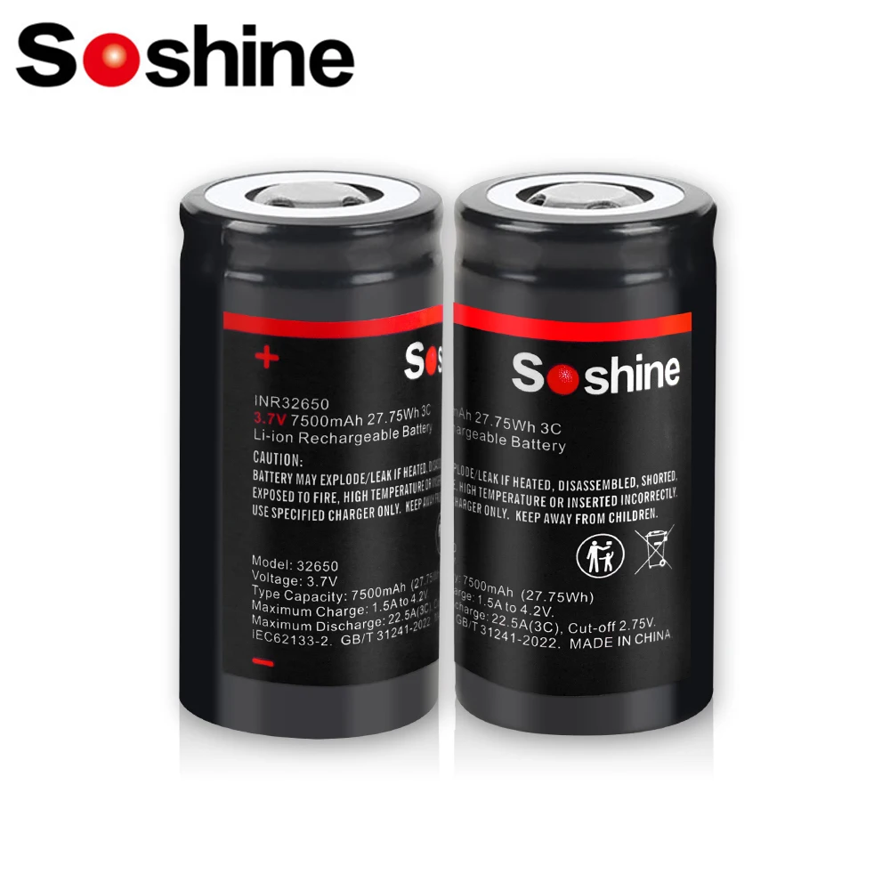 

Литиевые аккумуляторы Soshine 3.7V 7500mAh с плоским контактом 32650, перезаряжаемые литий-ионные батареи 3.7V 7500mAh для фонарей и электроинструментов