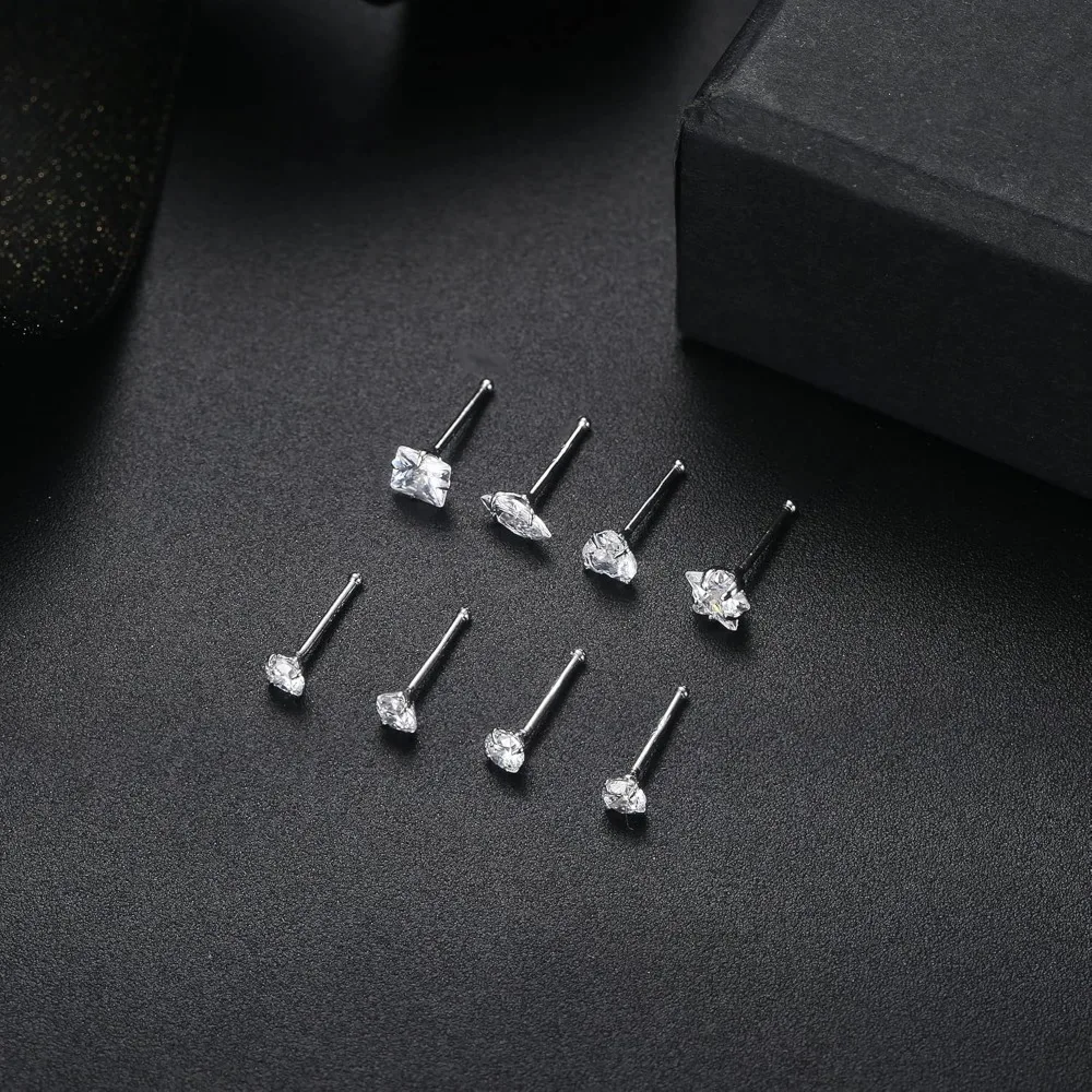 CASSIECA 1Pc Nose Studs for Women Men Star Marquise Heart Square Round Shaped CZ L Shape Piercing Jewelry