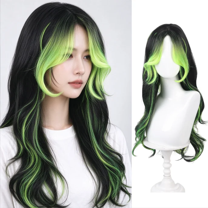 Layered Long Curly Synthetic Wig Black Bright Green Highlight Curtain Bangs Daily Cosplay Wig