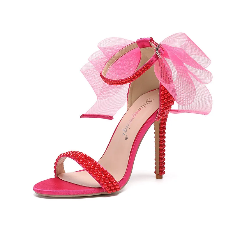 

Модные летние женские сандалии-гладиаторы с бантом и бисером, роскошные жемчужные белые туфли на тонком высоком каблуке для свадьбы и вечеринок