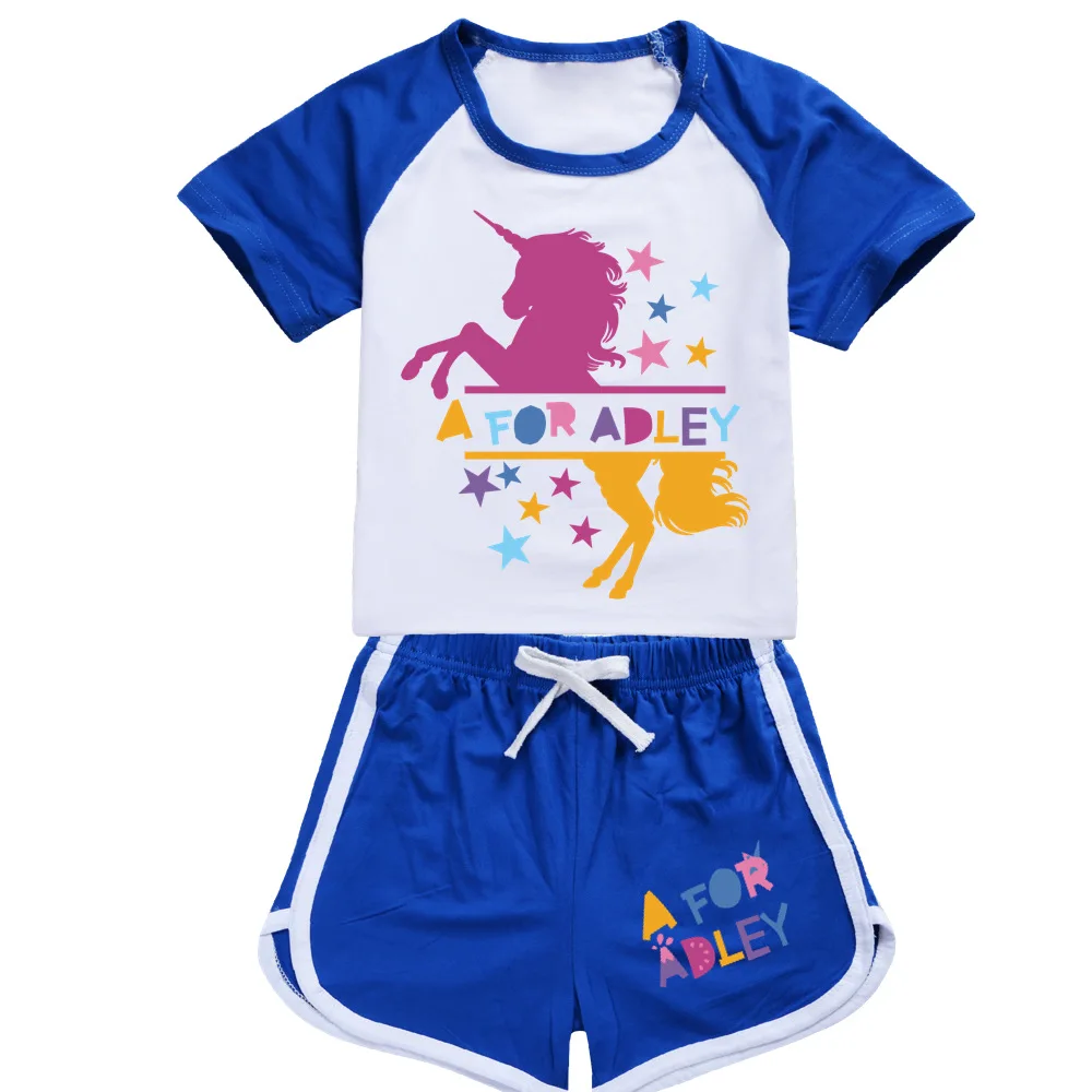 

New Summer Girls Clothes Cute A FOR ADLEY Short Sleeve T-shirt Tops + Shorts 2Pcs Outfits Set Cotton Children Kids Boy Clothing