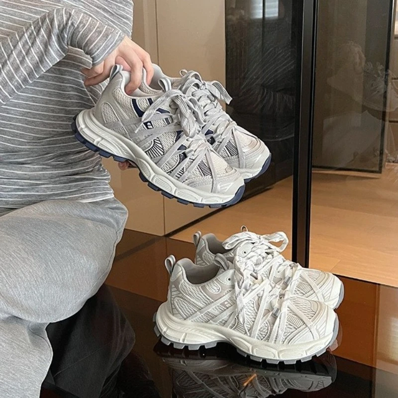 

Unisex Chunky Sneakers 5cm Platform Breathable Mesh Upper Cooling Insole Casual Shoes Summer New Gray Pink White Rubber Sole