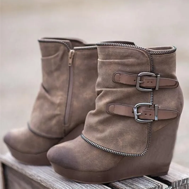 Women Wedge Ankle Boots Fashion Solid Color Buckle Side Zip Pumps Round Toe Platform Comfort Roman Boots Botas Femininas De Luxo