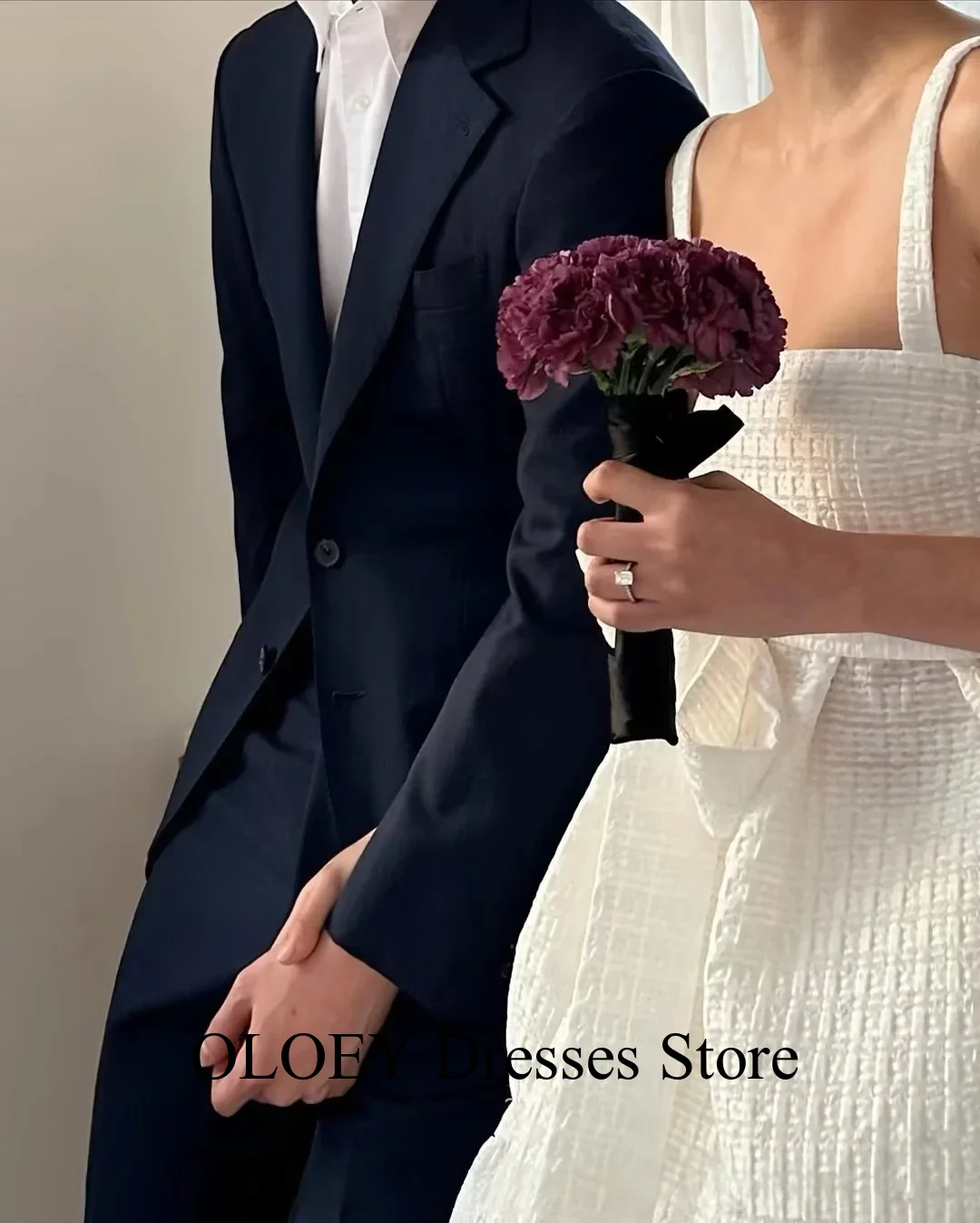 Oloey Korean Wedding Dresses Square Neck Waffle Tiered Ankle-Length Bridal Party Dress Customized Wedding Snap Dresses
