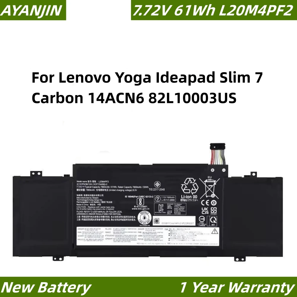 Lenovo Yoga Ideapad 슬림 7 카본 노트북 배터리, L20C4PF2, L20D4PF2, L20M4PF2, 7.72V, 61Wh, 14ACN6, 82L10003US, 신제품