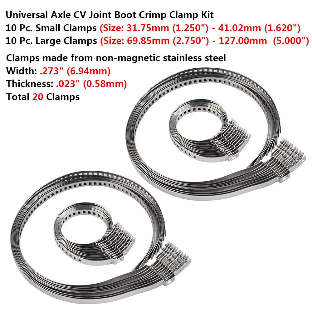 20Pcs Universal Axle CV Joint Boot Clamp Kit Stainless Steel Driveshaft CV Boot Crimp Clips Adjustable 10Pcs Small +10Pcs Large