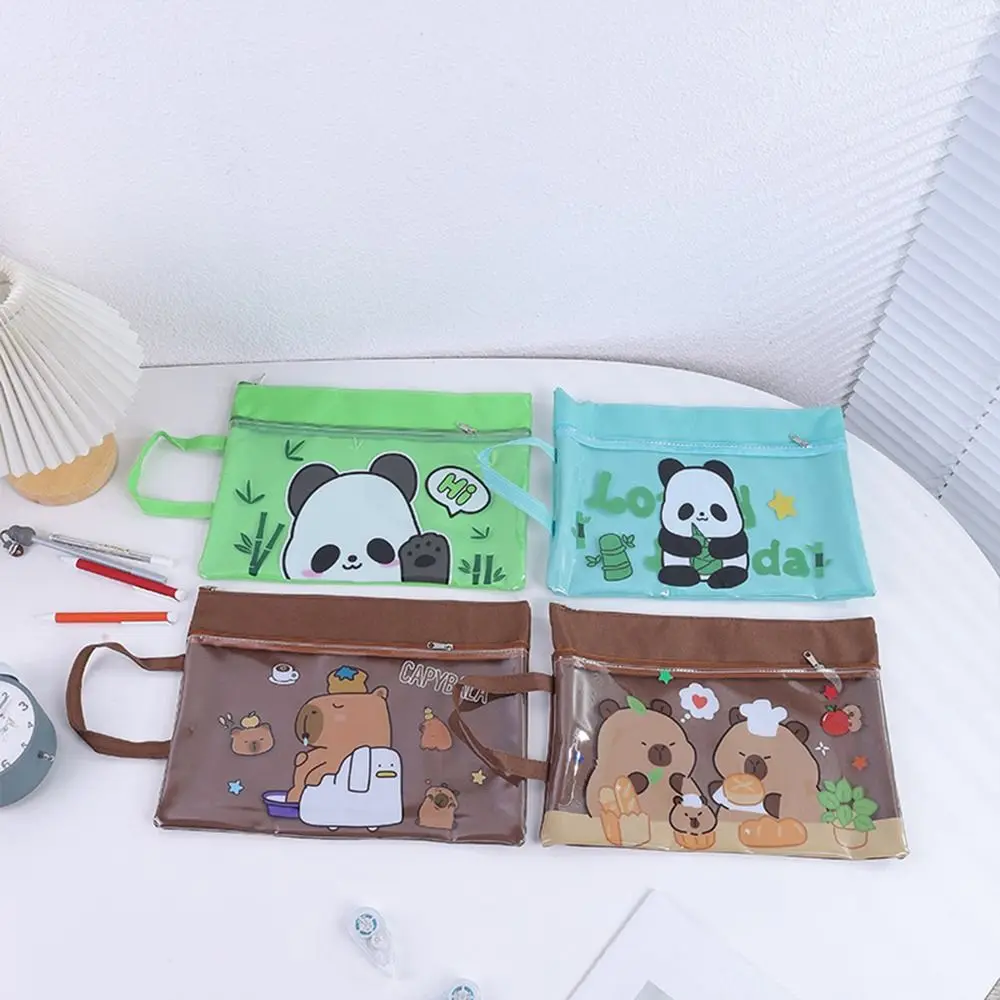 Durable Capybara File Bag Double Layer Hand-held Homework Storage Bag Panda Large Capacity Zipper Bag