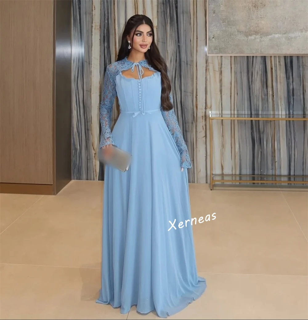 Maßgeschneiderte Chiffon-Spitzenschal mit langen Ärmeln, A-Linie, lange Kleider, maßgeschneiderter Anlass, Frau, elegante Party, Hochzeit, formeller Abend