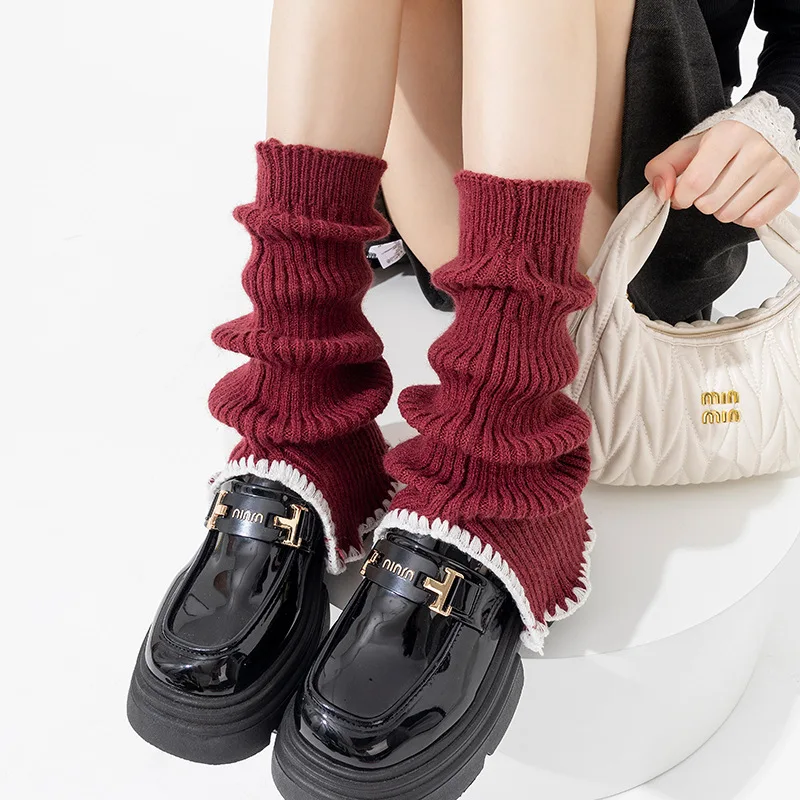 

Thickened Woolen Women's Sock Covers Autumn Winter High Tube Open Toe Warm Retro Vertical Stripe Coffee Color Knitted Socks