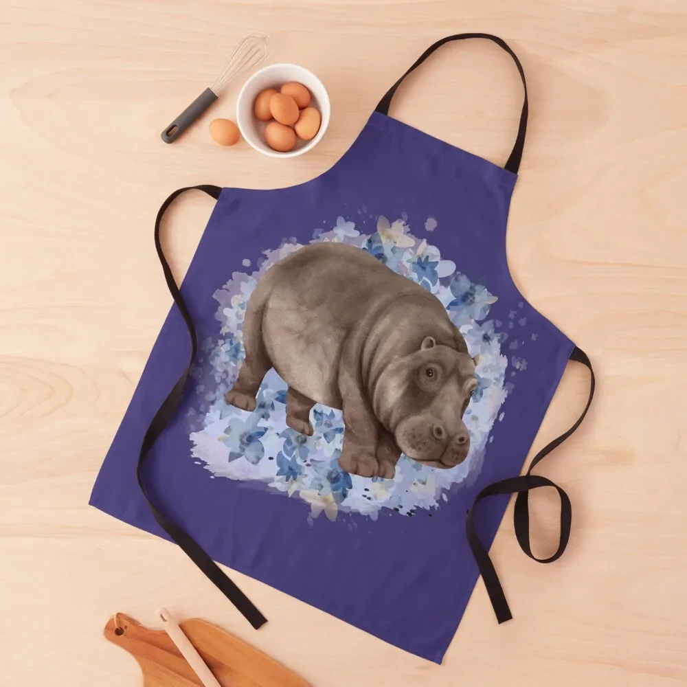 

Watercolor hippo with blue flower Apron waiter bib kitchen item Apron