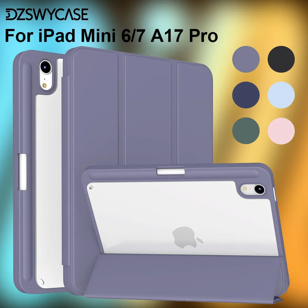 Case for iPad Mini 7/6th Gen A17 Pro 2024/2021 8.3 Inch,Clear Back Shell with Pencil Holder,Trifold Stand, Auto Sleep/Wake Cover