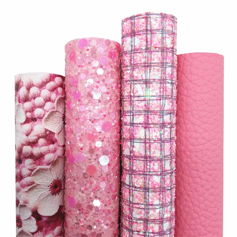 Pink Floral Printed Synthetic Leather Felt Backing Chunky Glitter Leather Spring Vinyl Fabric For Bows Bags DIY 21x29CM Q1868