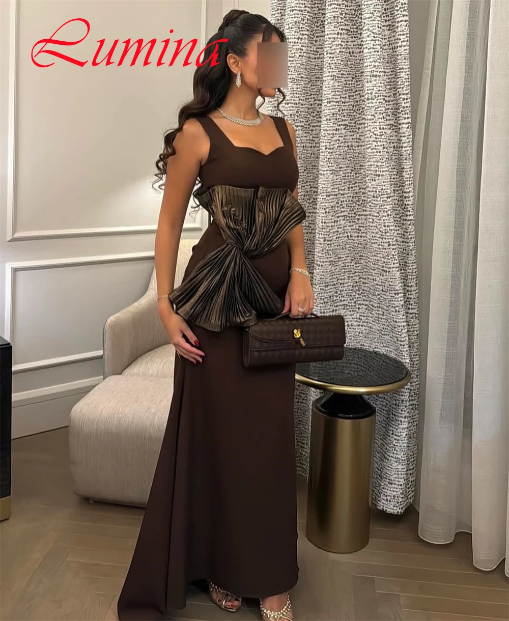 تخصيص حساسة البني جيرسي مساء اللباس أنيقة رشيقة ساحة طوق السباغيتي الأشرطة فساتين المناسبات الخاصة