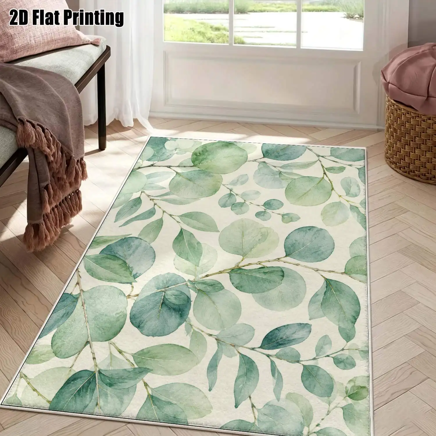 1Pc 2D Printed Velvet Eucalyptus Leaf Nordic Carpet, Instagram-Style Modern Minimalist Floor Mat, Machine Washable, Multi-Size for Home Decor