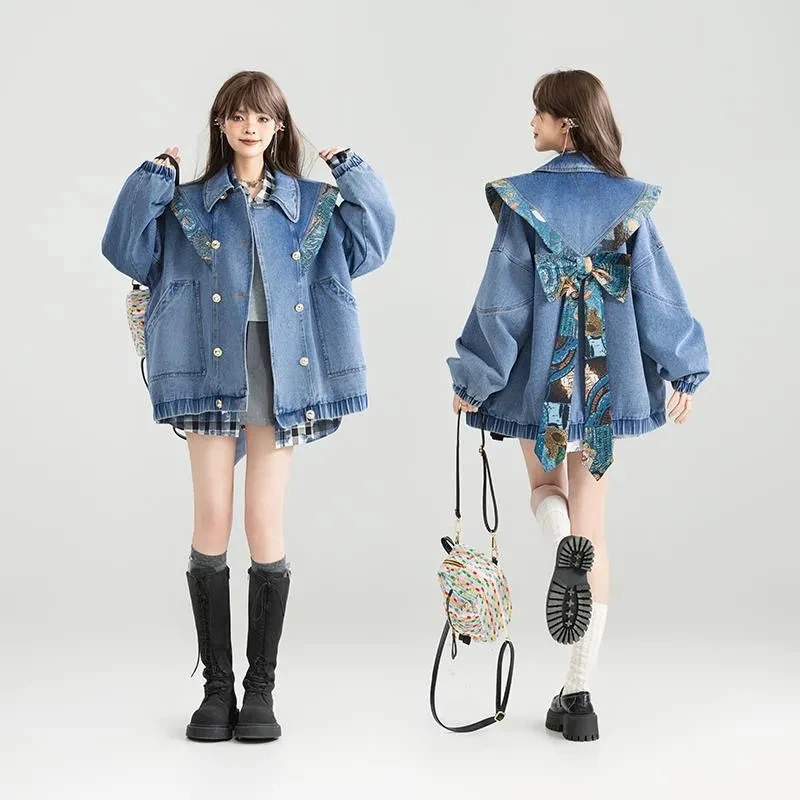 Jaqueta jeans vintage outwear feminina 2025 primavera outono nova moda design artístico jacquard arco jeans jaqueta solta topos