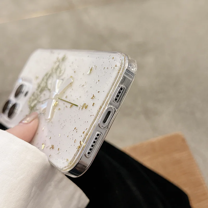 3D Bow Dry Flower Transparent Phone Case for iPhone 15 Pro Max 14 Plus 13 Mini 12 11 Xsmax Xr 8Plus Fall Protection Case