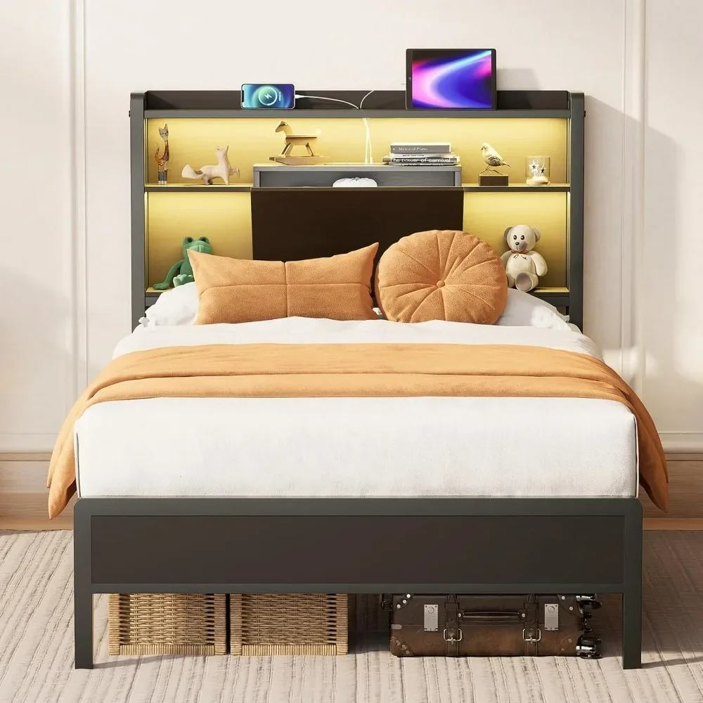 Bed Frame Twin Size with LED Lights and Charging Station, Heavy Duty Metal Platform Bed with Super Large Storage Space Headboard