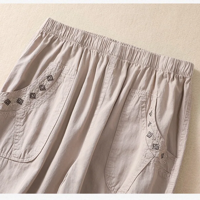 Pantalones de pierna recta de lino para mujer, pantalón informal de pierna ancha, con bolsillos y botones elásticos, de cintura alta, holgado, de