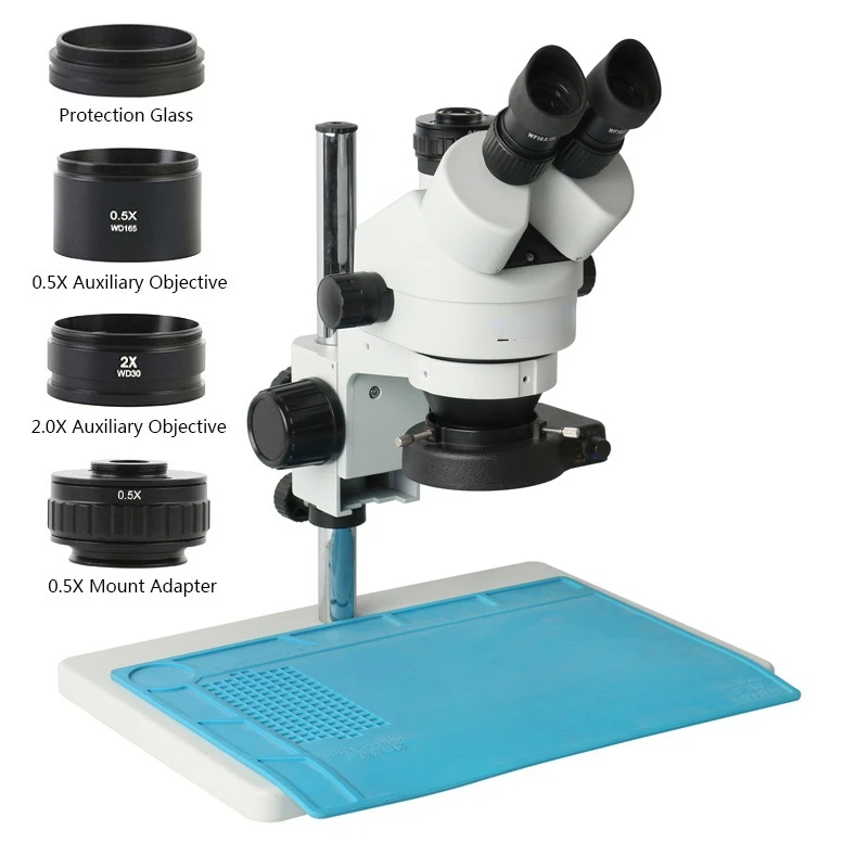 7-45 Continuous Zoom HD Trinocular Stereo Microscope 0.5X/1x/2x Auxiliary Objective Lens 144 LED Ring