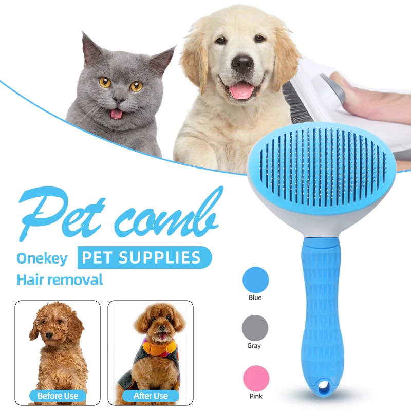 Productos de limpieza para mascotas, botones universales para gatos y perros, peine de depilación automático, aguja ajustable, Mango antideslizante para el cuerpo