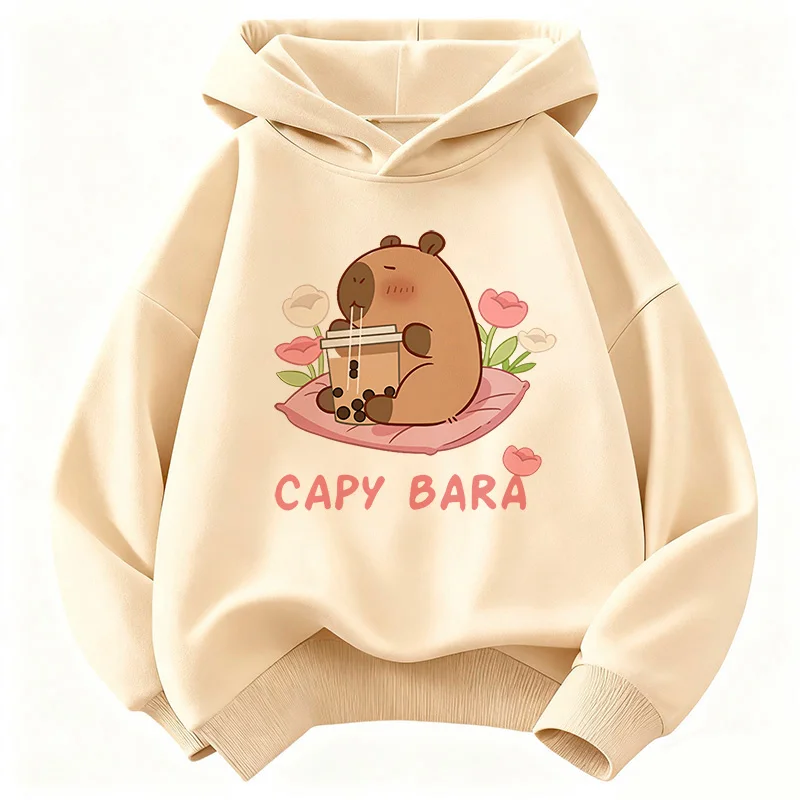 

Детская толстовка с капюшоном «Кавайная капибара пьет сок» с цветочным принтом для мальчиков и девочек, повседневная одежда