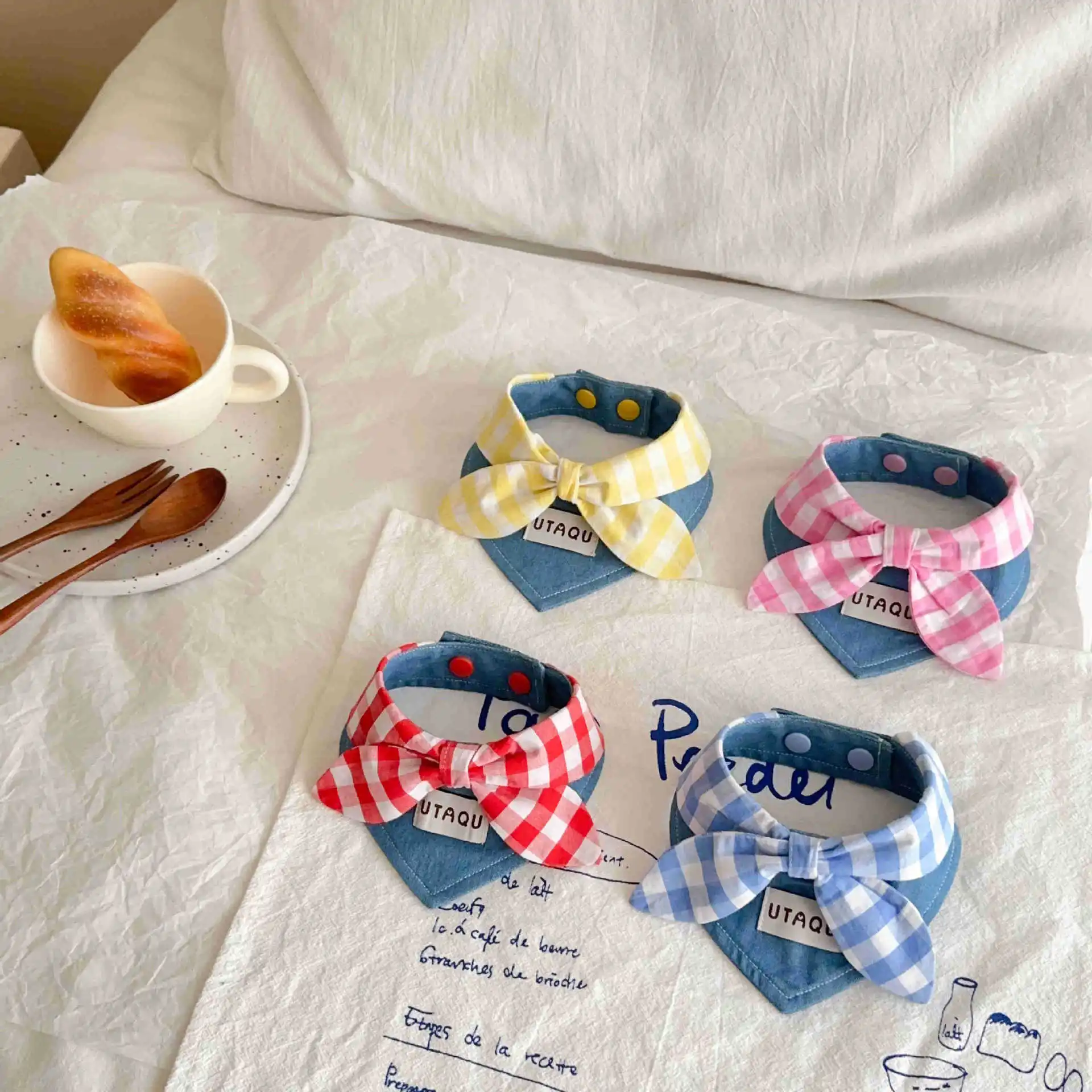 Blue Denim Plaid Pet Bib - Triangle Scarf For Small Dogs Cats Soft Drool Bib For Puppy Teddy, Cute Pet Dog Accessories