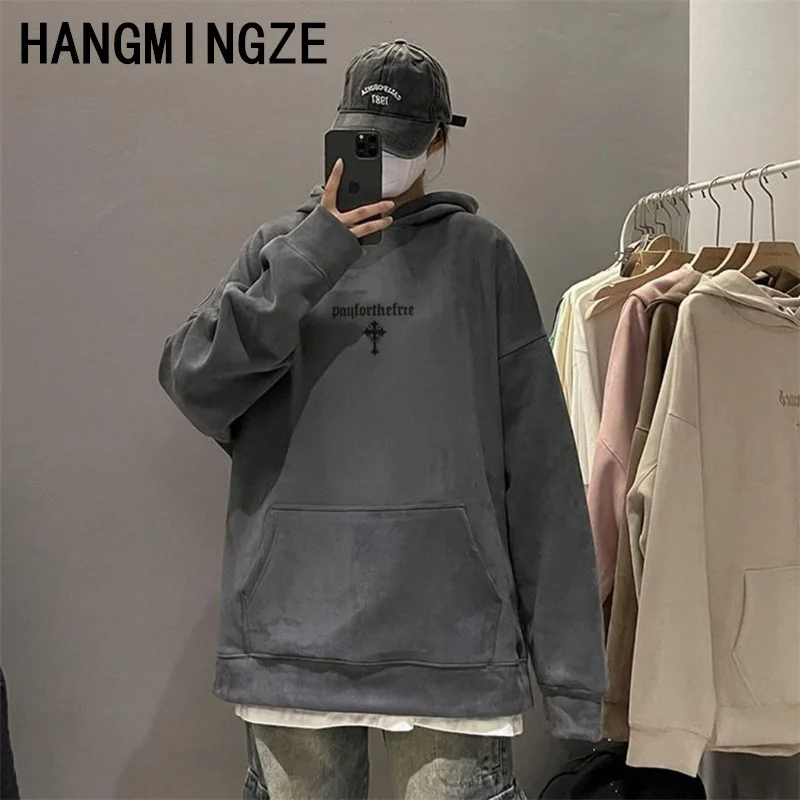 American Vintage Suede Letter Print Sweatshirt Gothic Hoodie Fall Trend Fashion Loose Men Women Clothing 2024