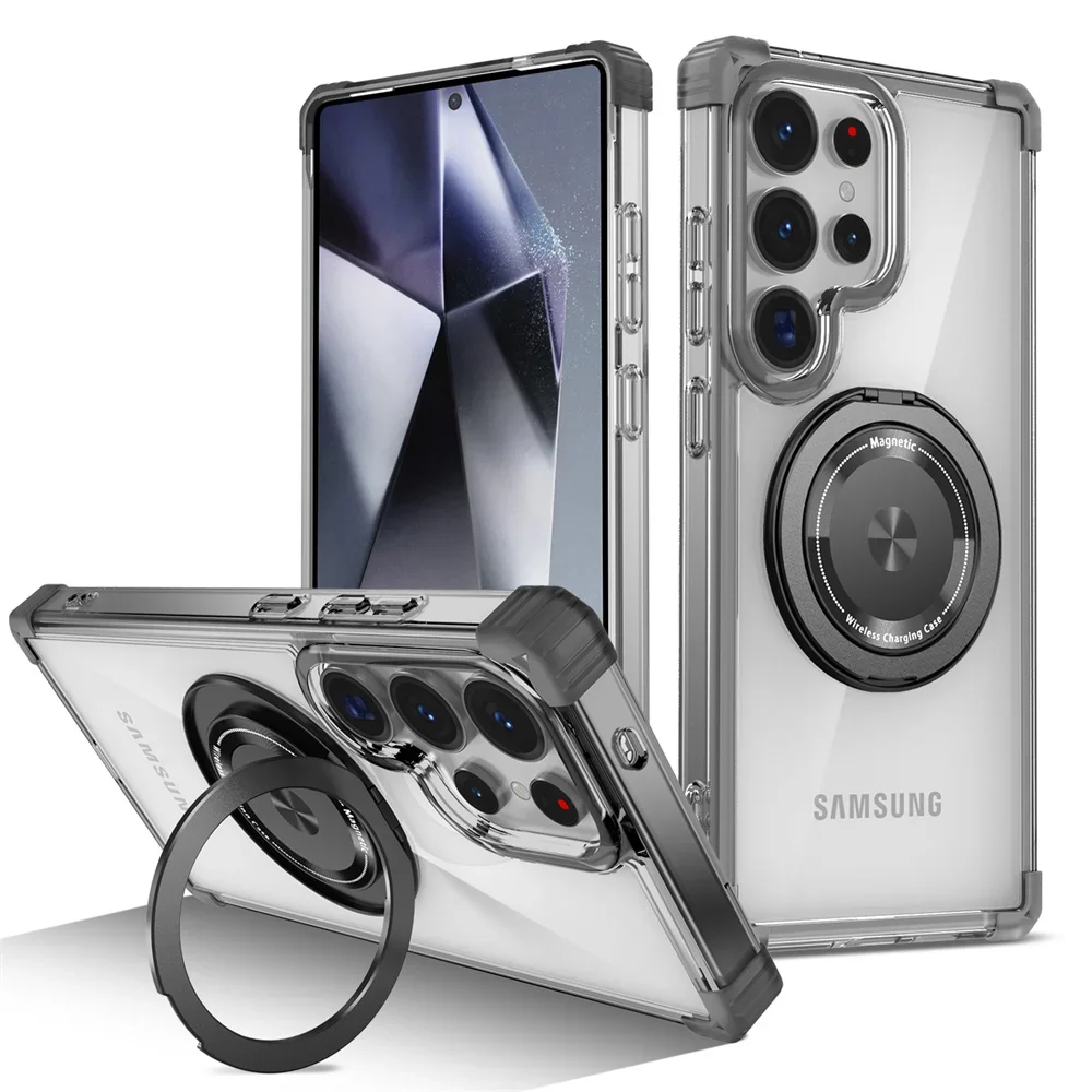 Roterende Magnetische Opvouwbare Stand Transparante Telefoon Case voor Samsung S26 S25 S24 S23 Plus FE S21 Ultra Armor Shockproof Cover