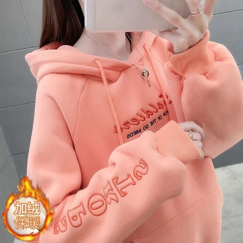 Plus Velvet Thick Warm Embroidered Hoodie Womens 2022 Autumn Winter New Korean Fashion Loose Casual Pullover Sweater Women