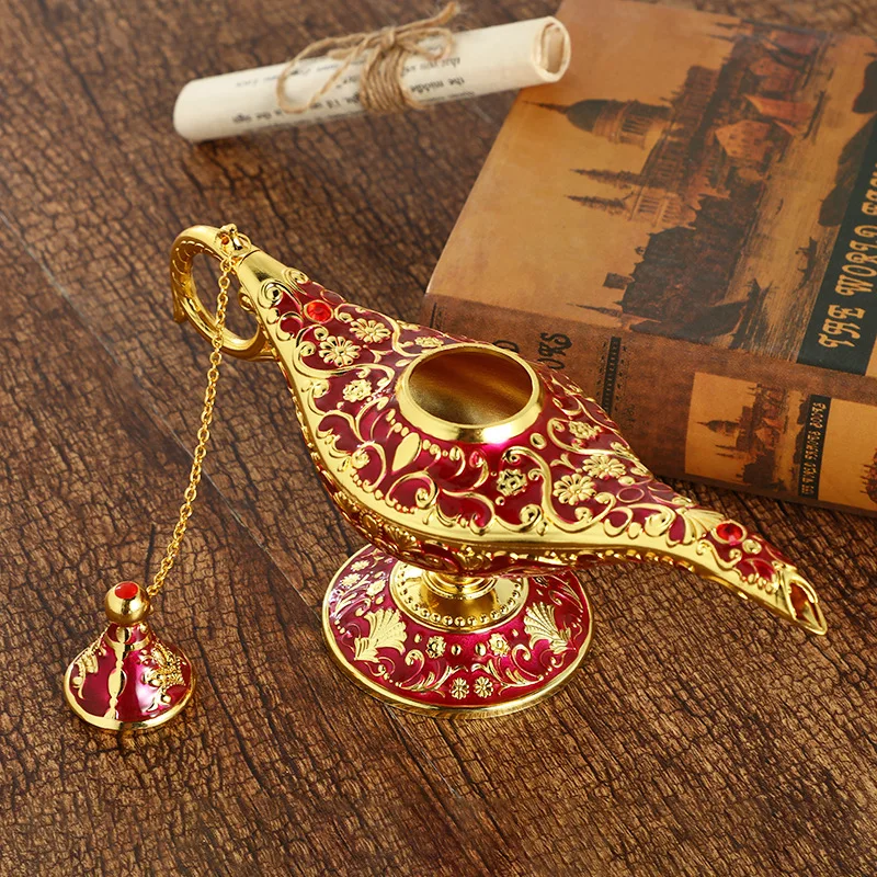 Vintage Aladdin Magic Lamp Figure Large Retro Metal Genie Wishing Light Figurine Sculpture Room Decoration Desk Accessories