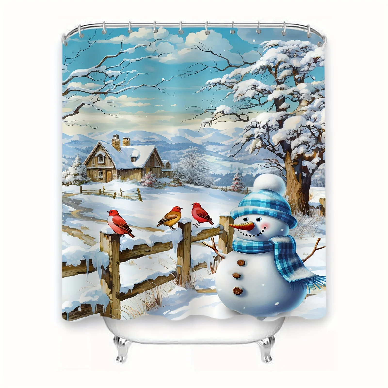 Christmas Snow Scene Blue Snowman Shower Curtain Festive Winter Bathroom Decor, Washable Polyester, Red Cardinal Birds