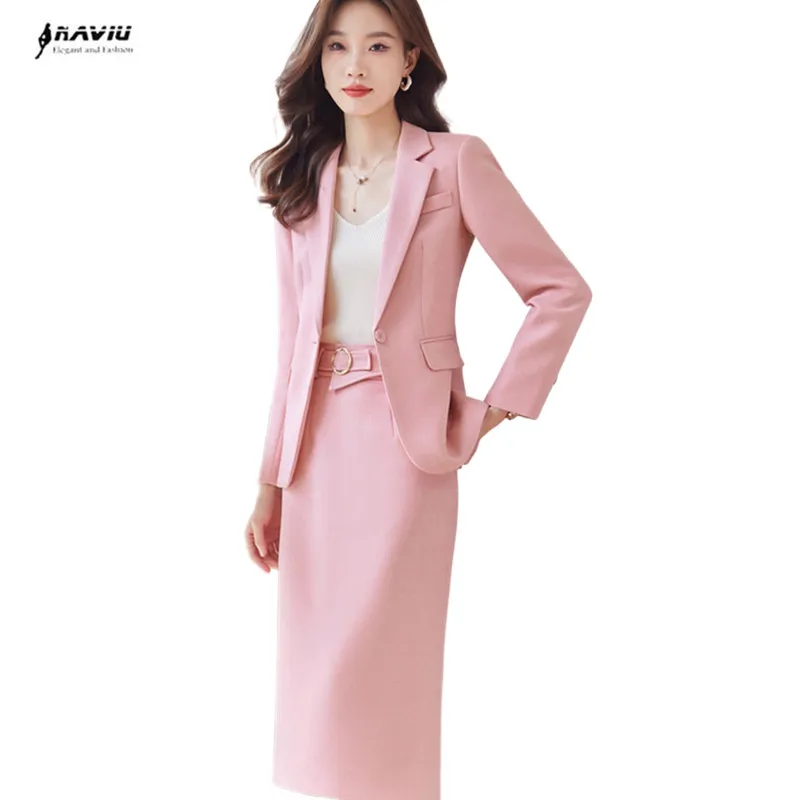 NAVIU Pink Suits Women New 2023 Autumn Fashion Temperament Professional Blazer And Skirt Office Lady Work Wear Two Piece Sets