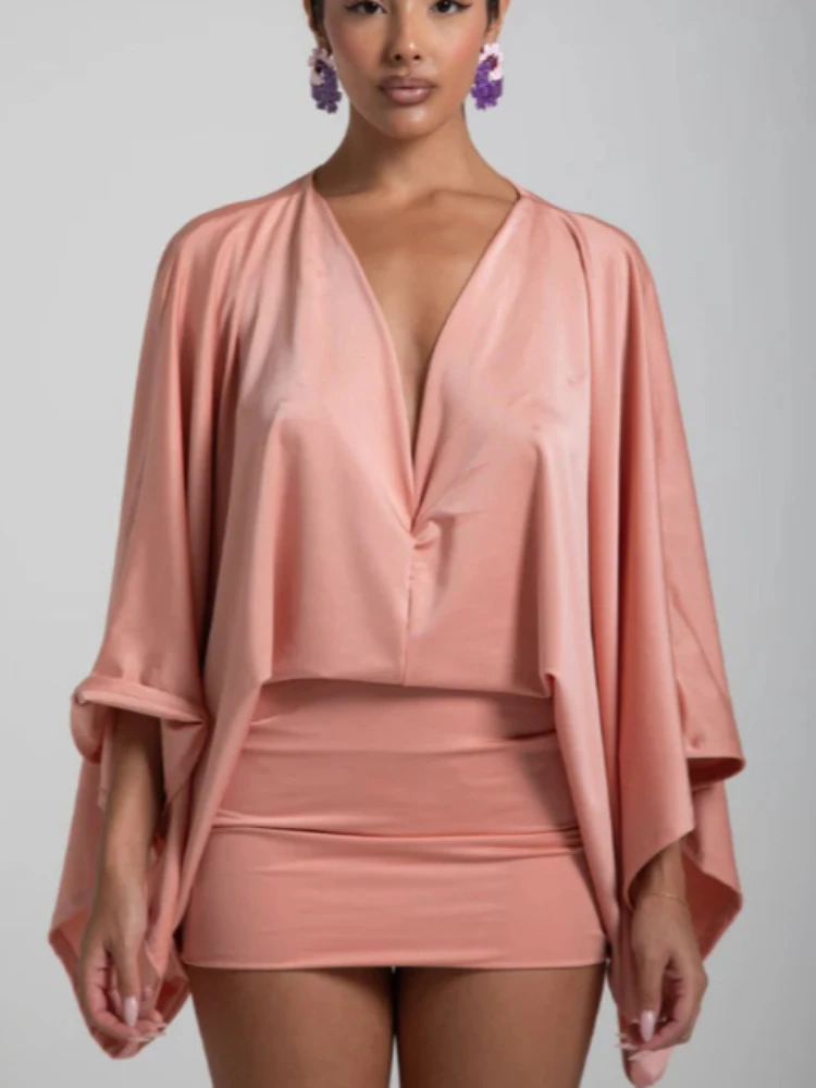 Chic Satin 2-Piece Outfit for Women Deep V Neck Flowy Cape Sleeve Top with High Waist Ruched Bodycon Mini Skirt for Evening Part