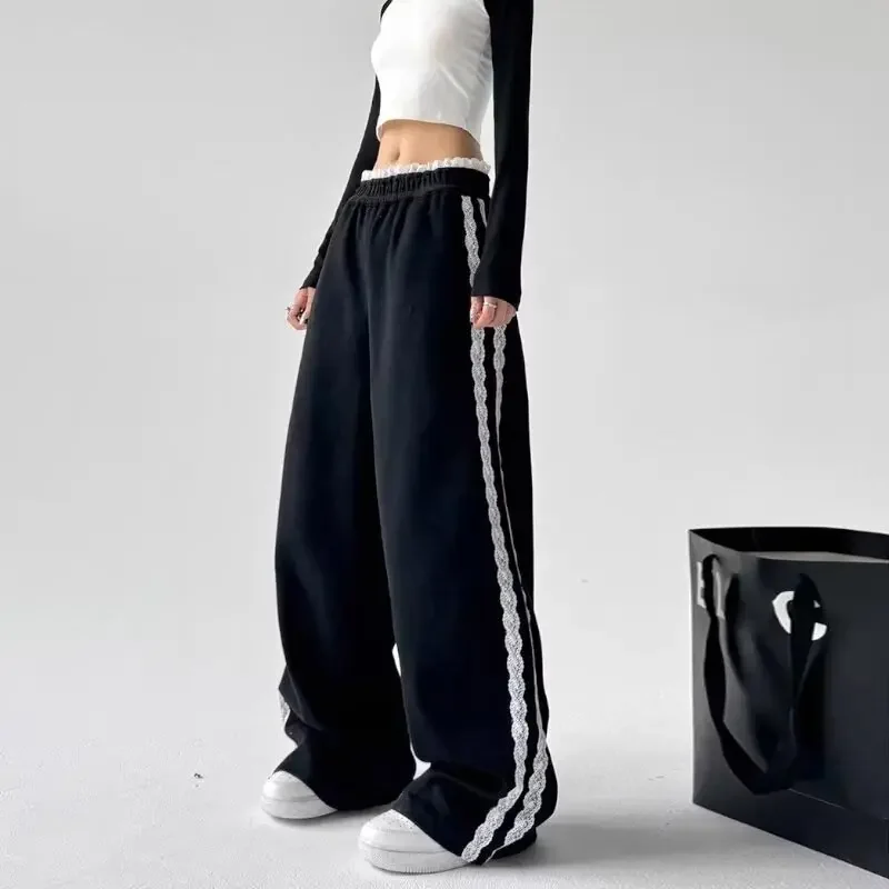 

Lace Splicing Sweatpants for Women Spring Autumn Casual Elastic Waist Straight Wide Leg Pants Y2k Korean Fashion Clothing