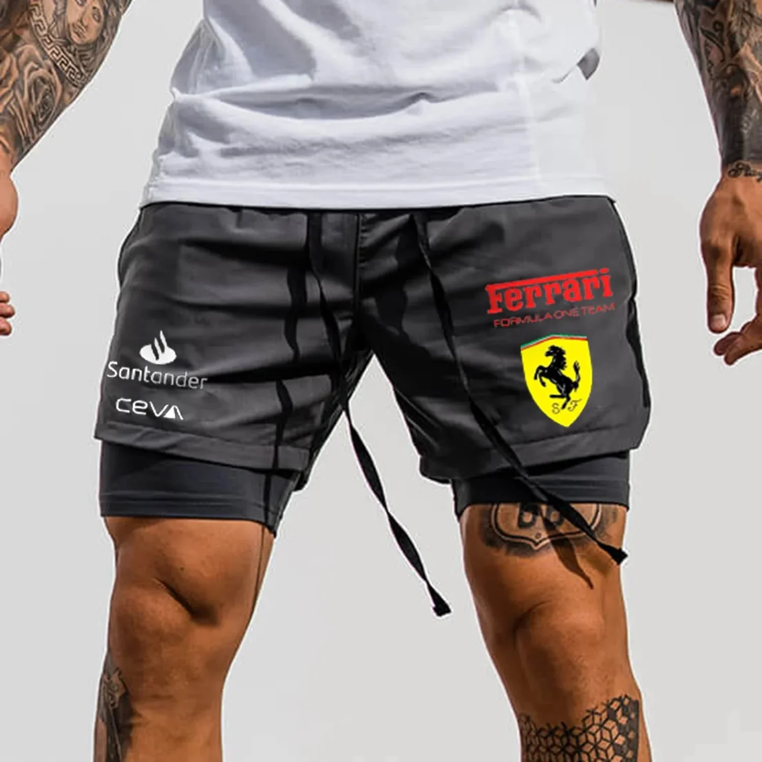 

Summer Men's Quick-Drying Fake Two-piece Shorts Racing Print Sports Double Shorts Men's Gym Shorts 2-in-1 Training Shorts Moto