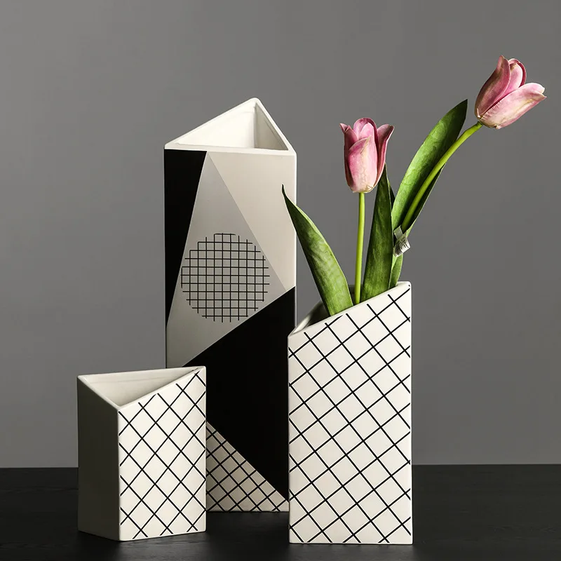 

Nordic art, geometric design, ceramic vase decoration, flower arrangement, creative living room, dining table, tabletop, home