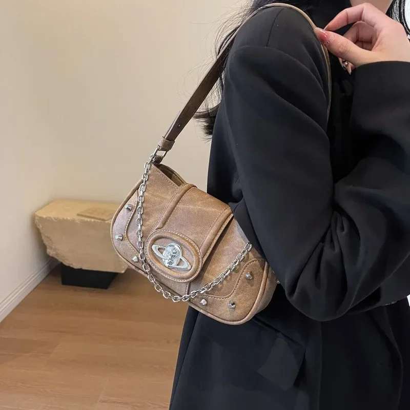 Mbti y2k correntes das mulheres bolsa de ombro vintage gótico estético designer couro crossbody saco casual luxo moda feminina bolsa