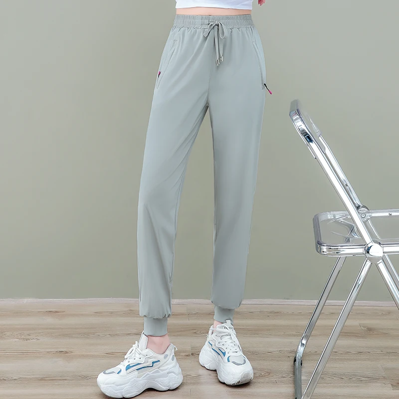2024 New Simple Summer Ice Silk Thin Women's Solid Color High Waist Elastic Lace Up Bound Feet Fashion Versatile Sports Pants