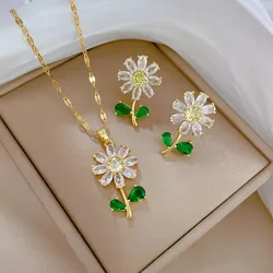 [Titanium Steel] Green Leaf Flower Zircon Necklace and Earrings Set Light Luxury Micro-encrusted Earrings and Necklaces Set