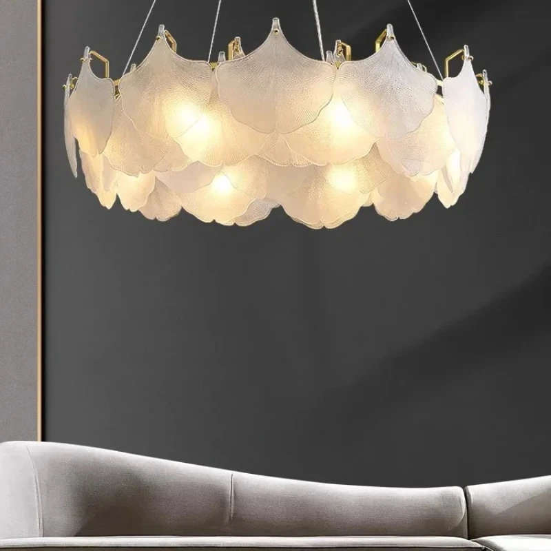 

French-style minimalist living room chandelier ginkgo leaf glass dining table modern minimalist cream style bedroom lamp