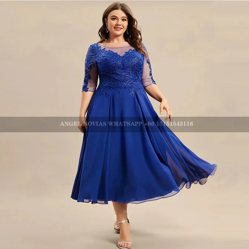 Plus Size Royal Blue Tea Length Mother of the Bride Dress Wedding Party Dress Vestidos De Fiestas Robes Invitee Mariage