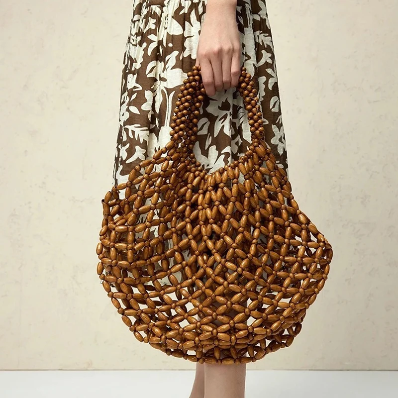 

Wooden Bead Made Handbag New Women's Retro Large Capacity Hollow Shoulder Bag Cross-border Wholesale Customizable Bags Niche