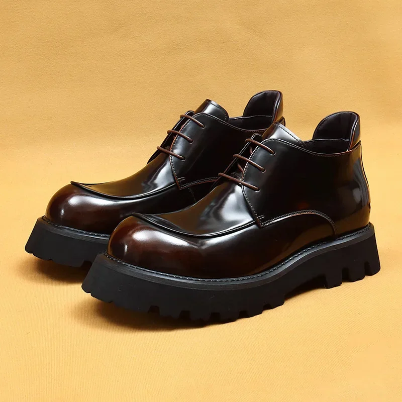 Patent Leather Mens Ankle Boots Platform Luxury Quality Genuine Leather British Style Black Retro Wedding Party Social Shoes Man