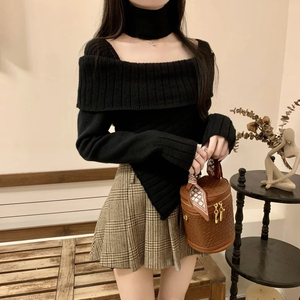 Solid Sweaters Women Slim Square Collar Irregular Hotsweet Spring Autumn Popular Minimalist Lounge American Style Simple Stylish